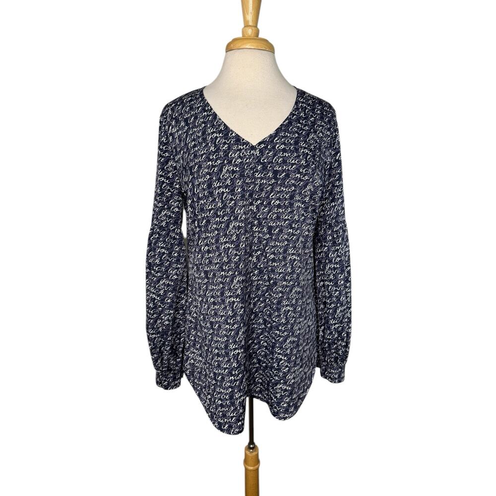 CABI Love Te Amo Blue Handwriting Blouse Size Medium Womens Career Office #5336